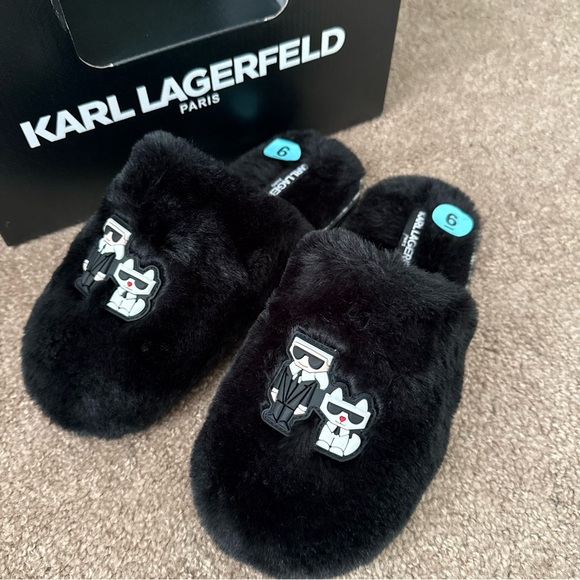 Karl Lagerfeld Shoes - NEW Karl Lagerfeld Black Plush Slippers Faux Fur